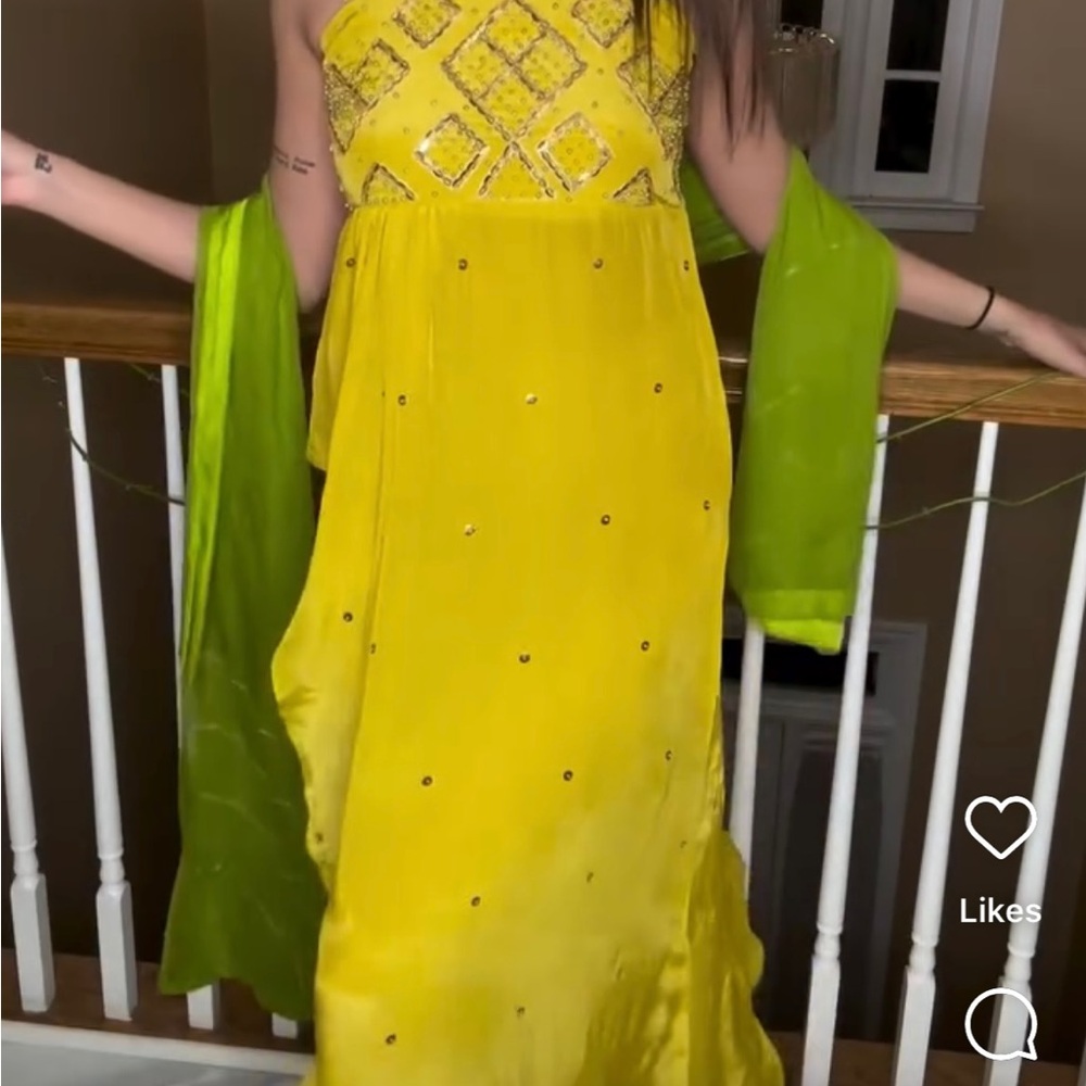 Vibrant Yellow and Green Embellished Indian Dress